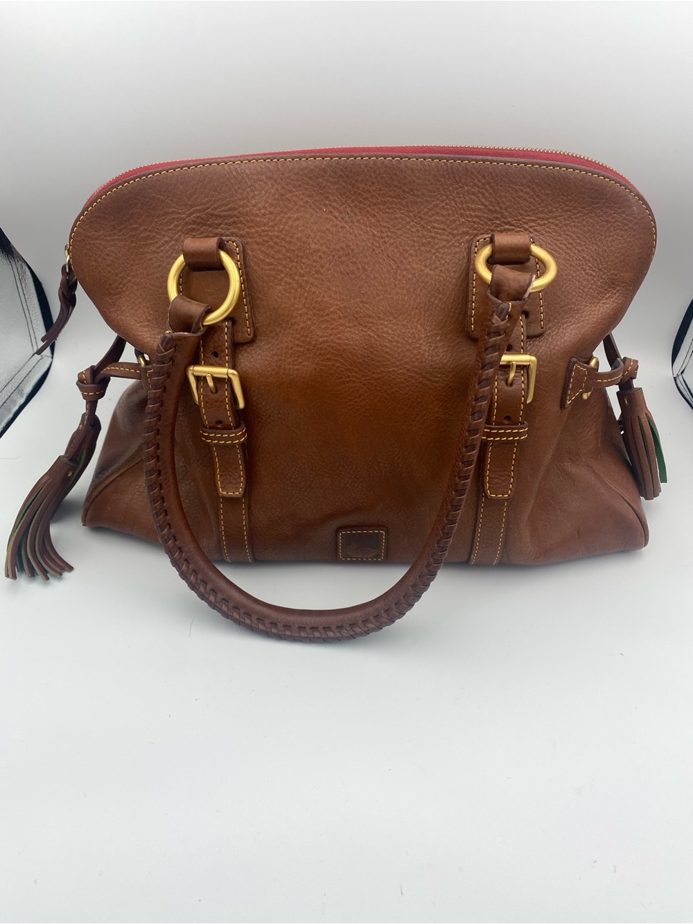Dooney & Bourke Brown Leather Satchel with Red Trim